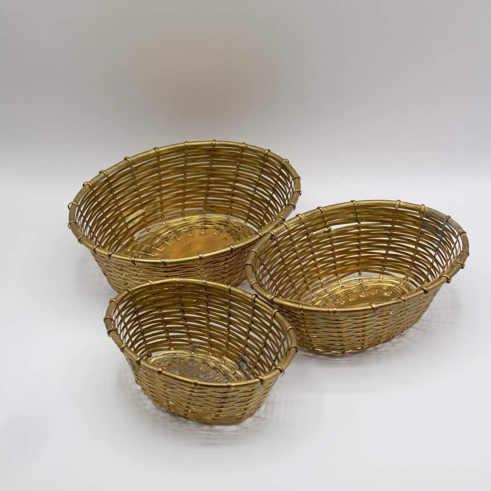 Vintage Woven Brass Nesting Baskets Catchall (Set of 3)
